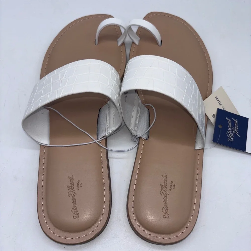 Universal Thread‎ Women 10 White Croc Toe Loop Slide Sandal Boho Chic Minimalist